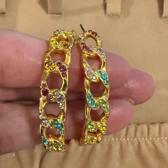 Kurt Geiger Gold Chain Hoop Earrings with Multicolor Stones - Picture 3 of 3